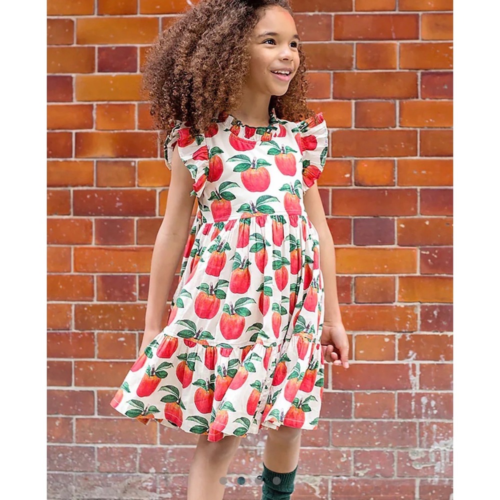 Pink Chicken Jennifer Apple Print Dress Girls 8Y White Red Flutter Sleeve Tiered